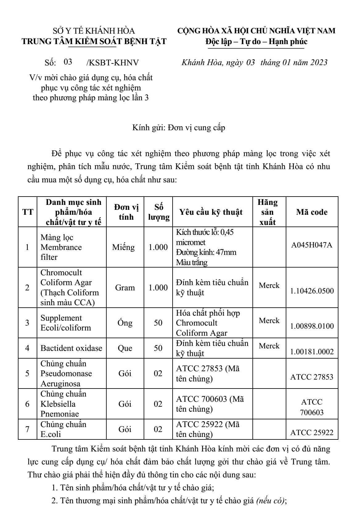 Mời chào giá dụng cụ, hóa chất phục vụ công tác xét nghiệm theo phương pháp màng lọc lần 3